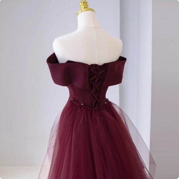Regal Burgundy Off-Shoulder Mermaid Gown with Corset Back - Picture 12 of 13